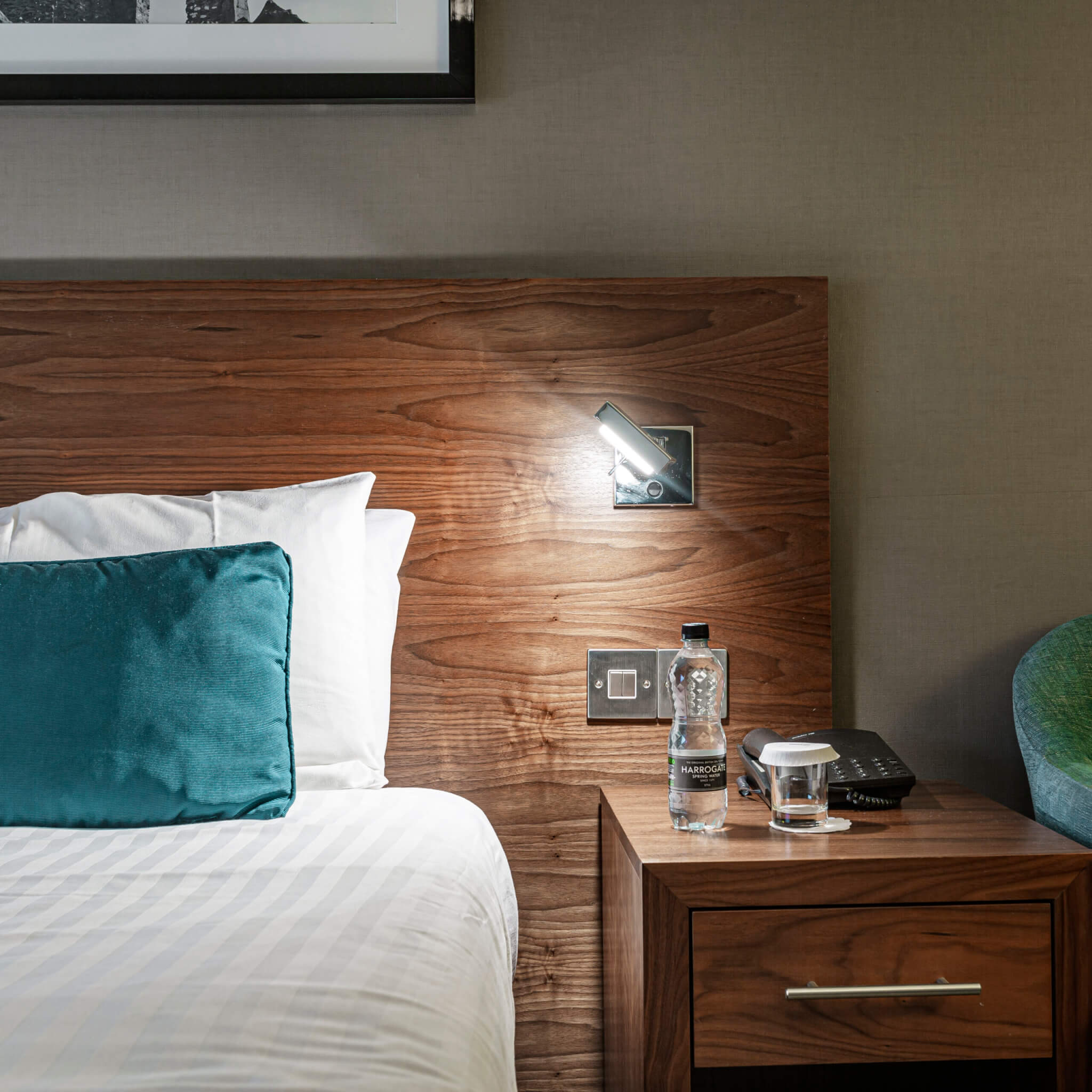 Accessible Double Room Three Swans Hotel Market Harborough Bedside Space scaled